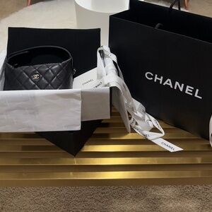 Auth CHANEL Black Quilted Caviar Leather French Riviera Chain Shoulder Hobo Bag